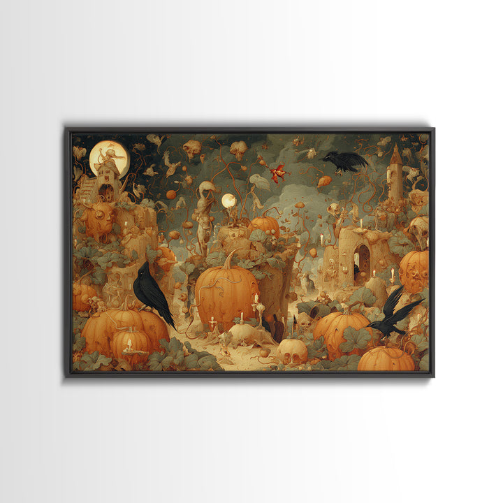 The Alien Pumpkin Patch, Medieval Grotesque Art, Landscape Wall Art, Macabre Wall Art, Canvas Print, Halloween Wall Art