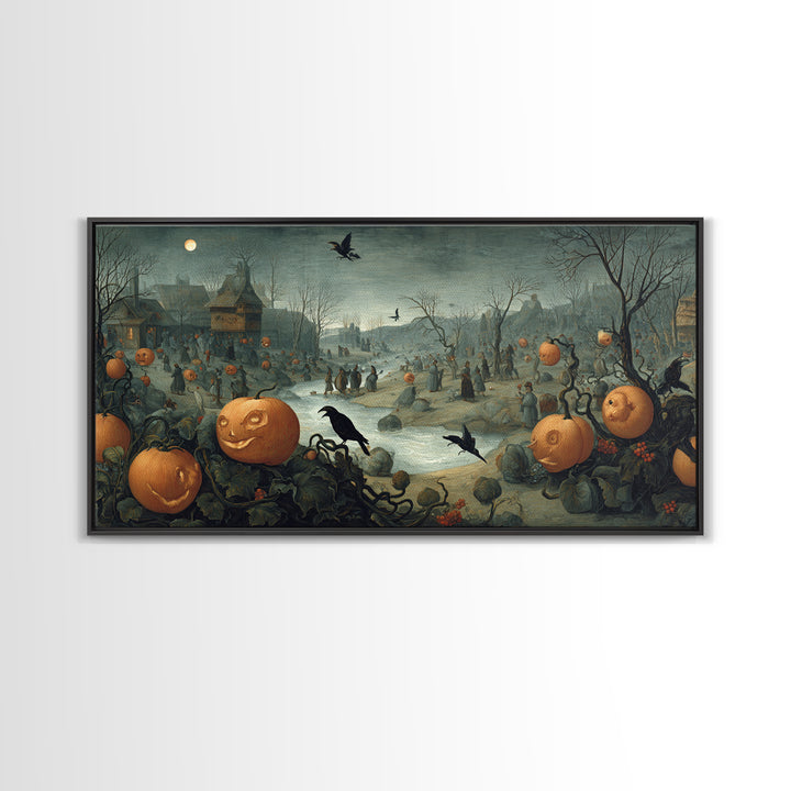 The Alien Pumpkin Patch, Northern Renaissance Horror, Wide Panoramic Art, Dark Halloween Decor, Canvas Print, Halloween Wall Art