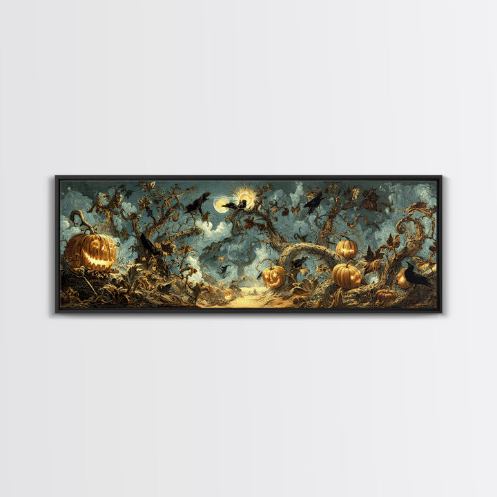 The Alien Pumpkin Patch, Visionary Gothic Art, Extra Wide Wall Art, Dark Halloween Decor, Framed Canvas Print, Halloween Wall Art