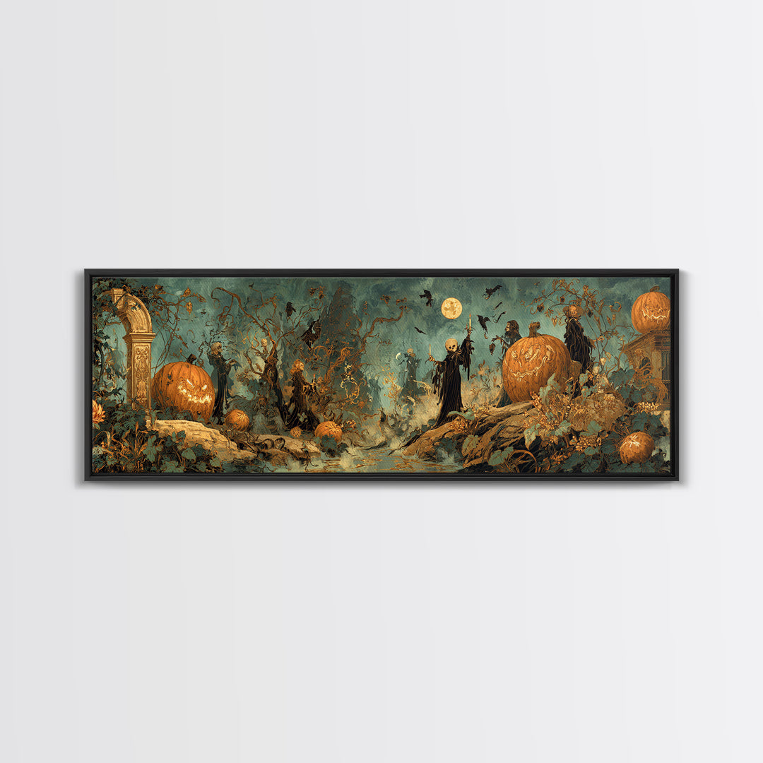 The Alien Pumpkin Patch, Ornate Symbolist Art, Extra Wide Wall Art, Dark Halloween Decor, Canvas Print, Halloween Wall Art