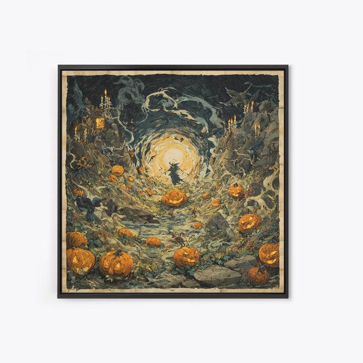 The Alien Pumpkin Patch, Symbolist Etching Art, Square Wall Art, Dark Fantasy Wall Art, Canvas Print, Halloween Wall Art