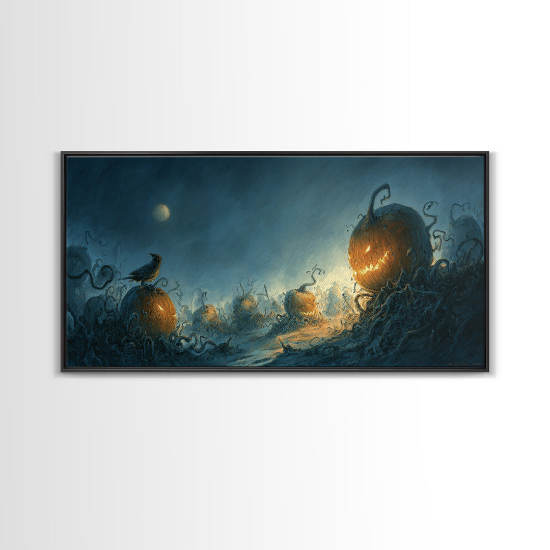 The Alien Pumpkin Patch, Expressionist Nightmare Art, Wide Panoramic Art, Macabre Wall Art, Framed Canvas Print, Halloween Wall Art