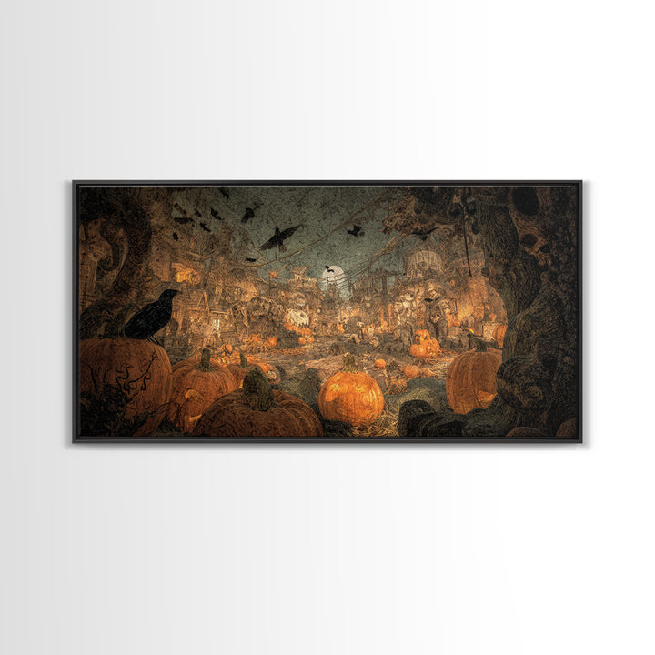 The Alien Pumpkin Patch, Grotesque Carnival Art, Wide Panoramic Art, Gothic Horror Wall Art, Framed Canvas Print, Halloween Wall Art