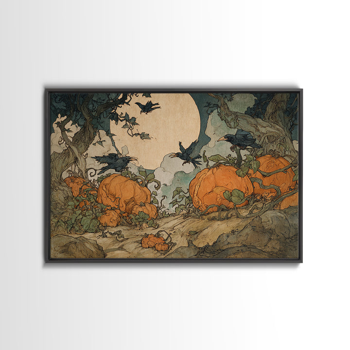The Alien Pumpkin Patch, Gothic Storybook Art, Landscape Wall Art, Macabre Wall Art, Framed Canvas Print, Halloween Wall Art