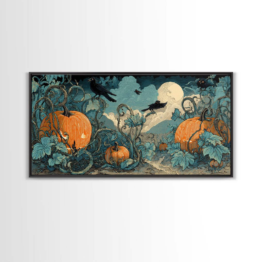 The Alien Pumpkin Patch, Macabre Folk Print Art, Wide Panoramic Art, Macabre Wall Art, Canvas Print, Halloween Wall Art