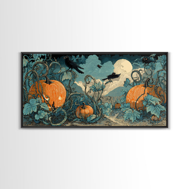 The Alien Pumpkin Patch, Macabre Folk Print Art, Wide Panoramic Art, Macabre Wall Art, Canvas Print, Halloween Wall Art