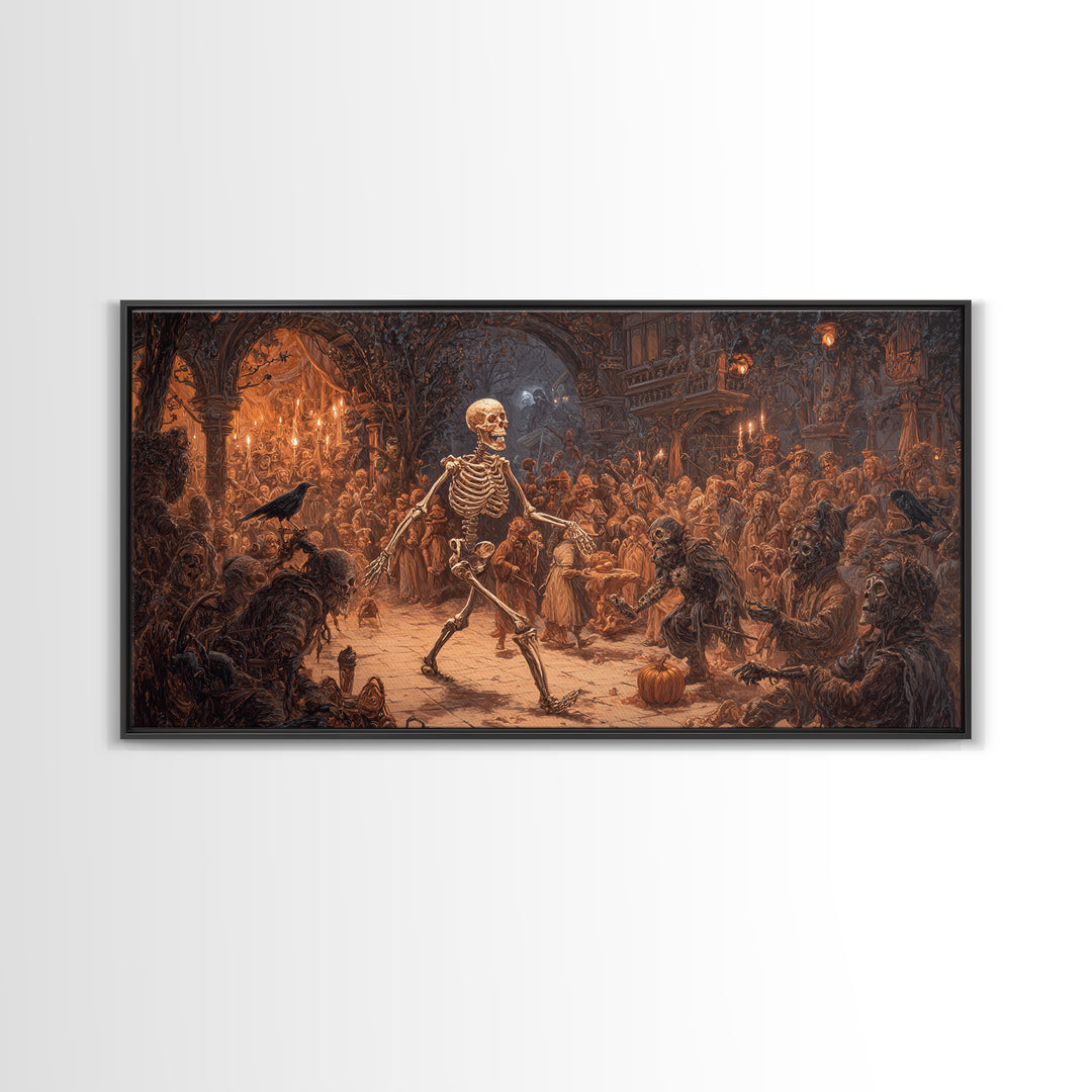 The Biomechanical Skeleton, Northern Renaissance Horror, Wide Panoramic Art, Macabre Wall Art, Canvas Print, Halloween Wall Art