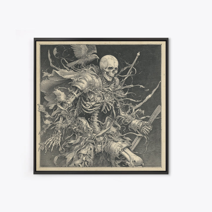 The Biomechanical Skeleton, Renaissance Engraving Art, Square Wall Art, Dark Fantasy Wall Art, Framed Canvas Print, Halloween Wall Art