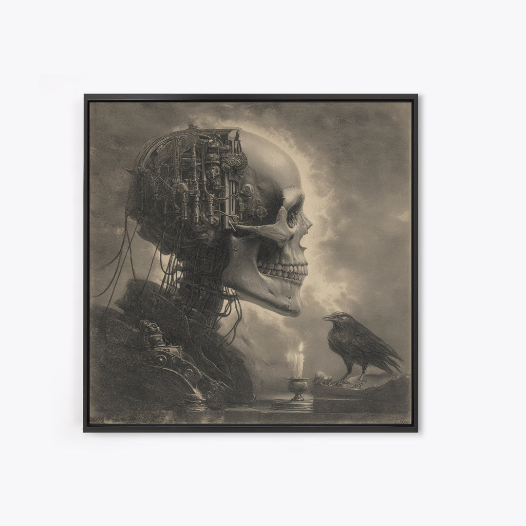 The Biomechanical Skeleton, Symbolist Etching Art, Square Wall Art, Dark Fantasy Wall Art, Canvas Print, Halloween Wall Art
