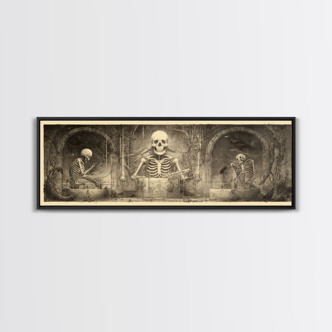 The Biomechanical Skeleton, Expressionist Nightmare Art, Extra Wide Wall Art, Dark Fantasy Wall Art, Framed Canvas Print, Halloween Wall Art