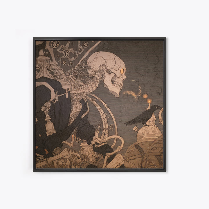 The Biomechanical Skeleton, Decadent Line Art, Square Wall Art, Gothic Horror Wall Art, Framed Canvas Print, Halloween Wall Art