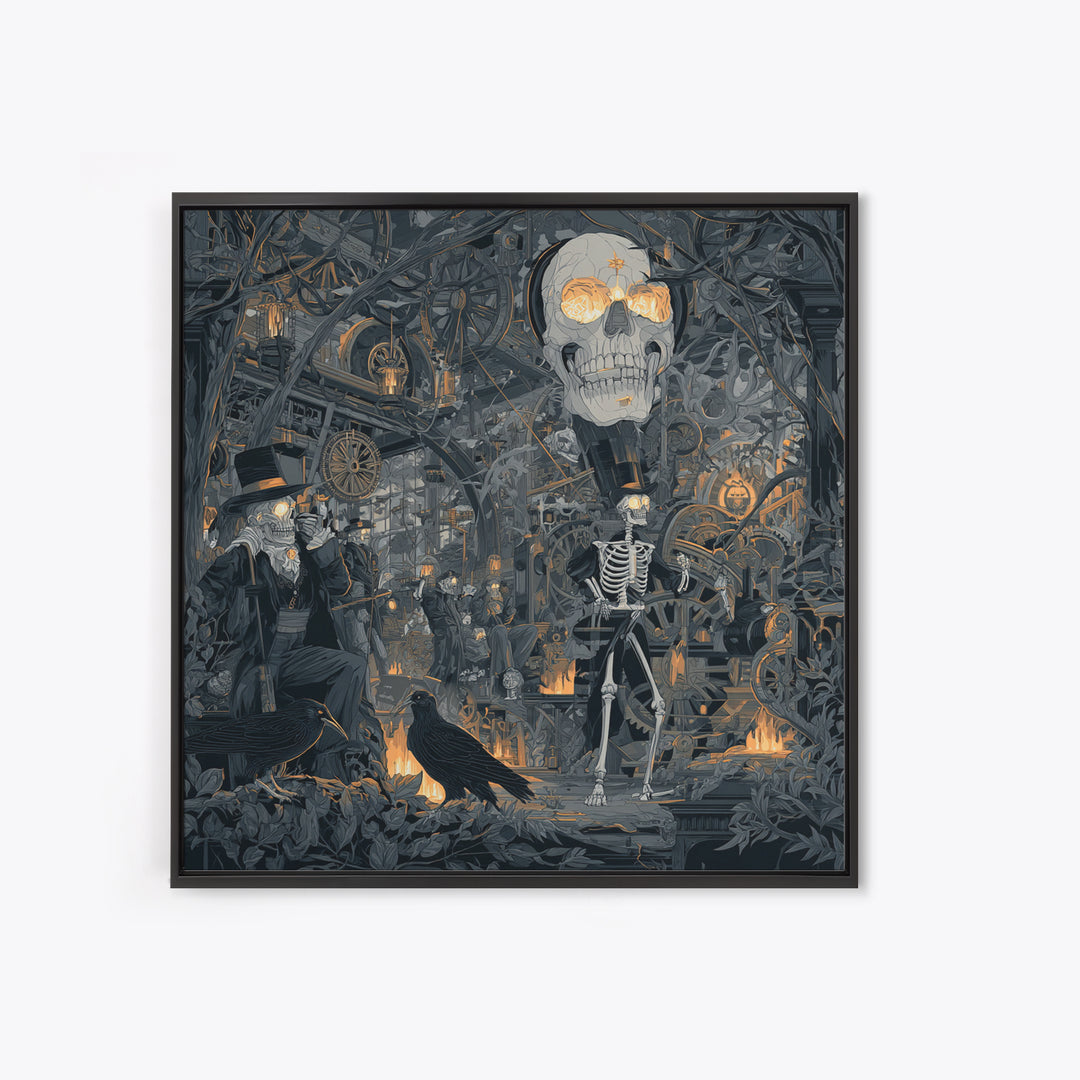 The Biomechanical Skeleton, Macabre Folk Print Art, Square Wall Art, Dark Fantasy Wall Art, Canvas Print, Halloween Wall Art