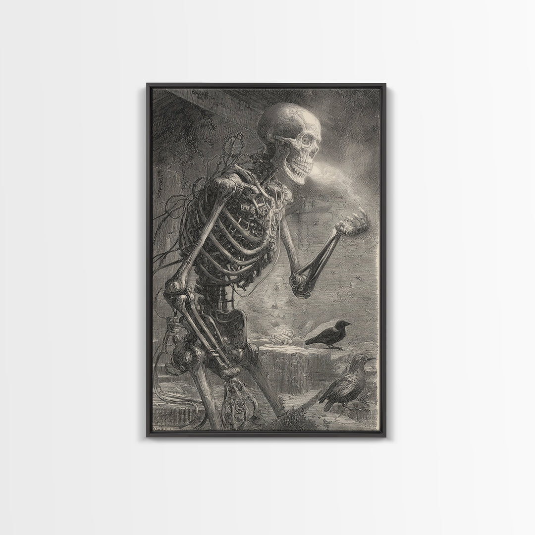 The Biomechanical Skeleton, Victorian Macabre Art, Vertical Wall Art, Dark Fantasy Wall Art, Framed Canvas Print, Halloween Wall Art