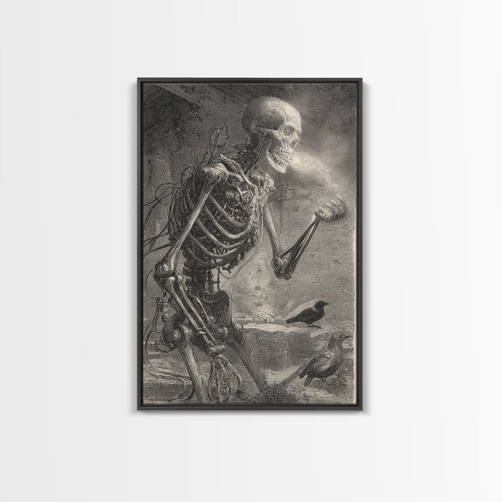 The Biomechanical Skeleton, Victorian Macabre Art, Vertical Wall Art, Dark Fantasy Wall Art, Framed Canvas Print, Halloween Wall Art