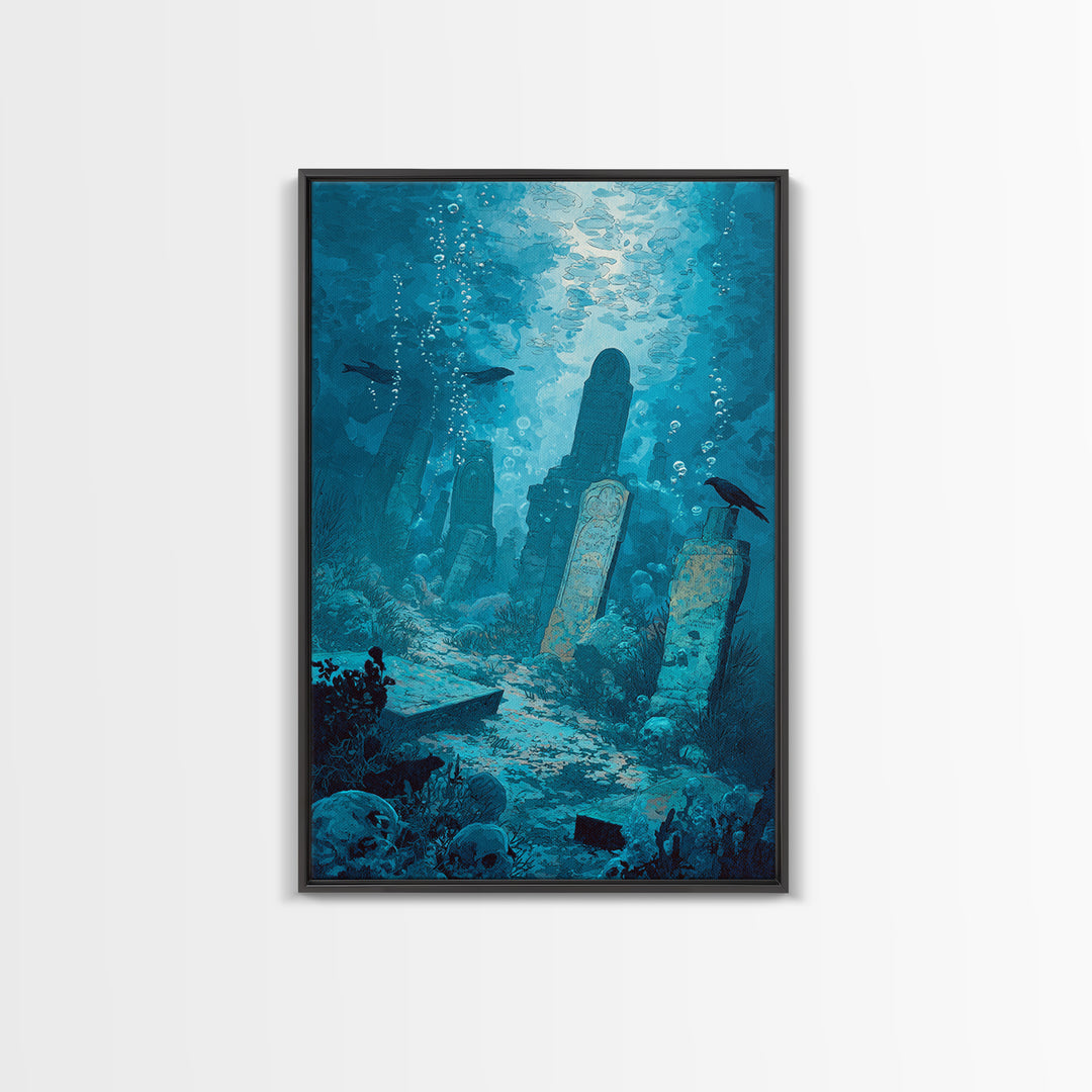 The Underwater Graveyard, Decadent Gothic Art, Vertical Wall Art, Gothic Horror Wall Art, Framed Canvas Print, Halloween Wall Art