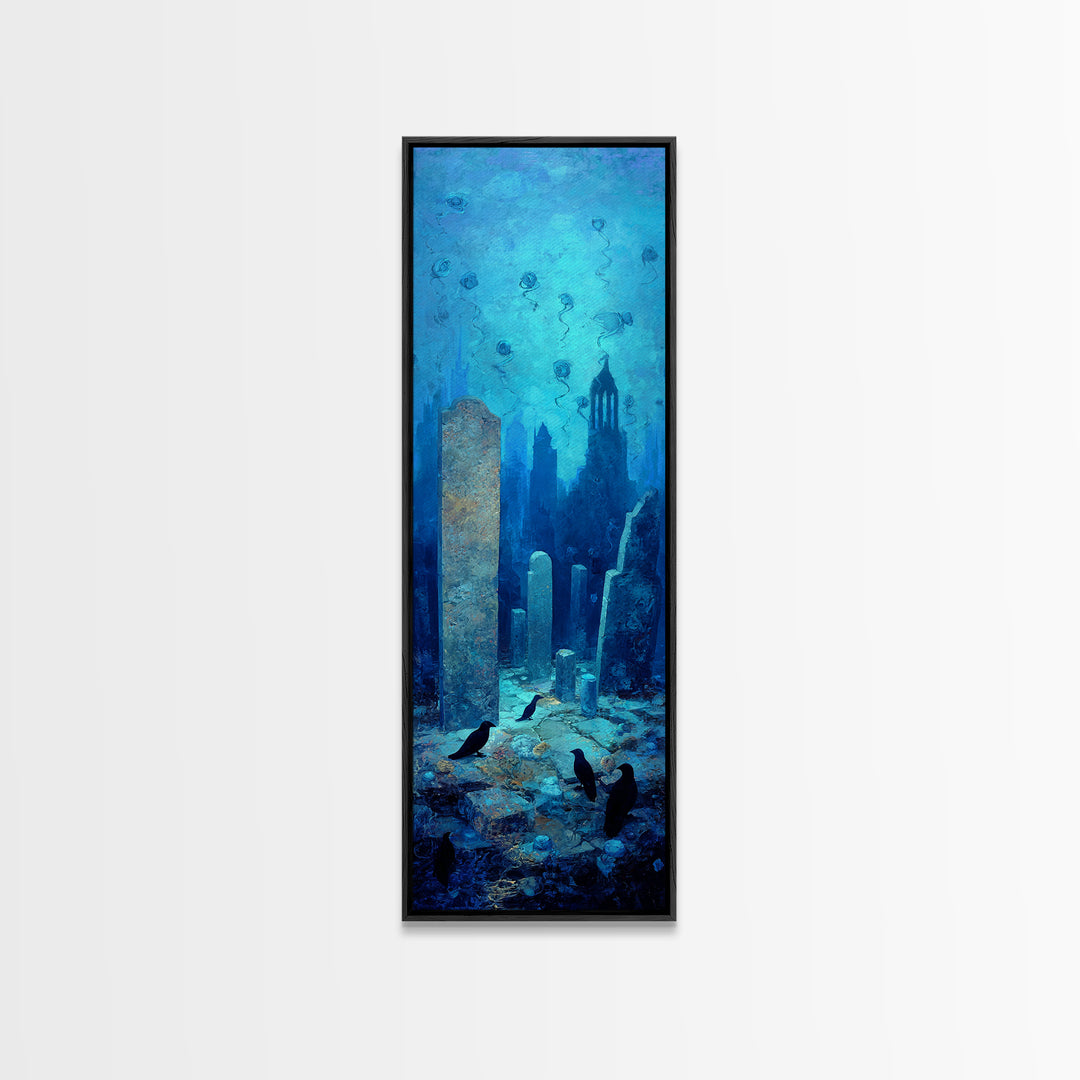 The Underwater Graveyard, Surreal Apocalyptic Art, Tall Narrow Wall Art, Gothic Horror Wall Art, Framed Canvas Print