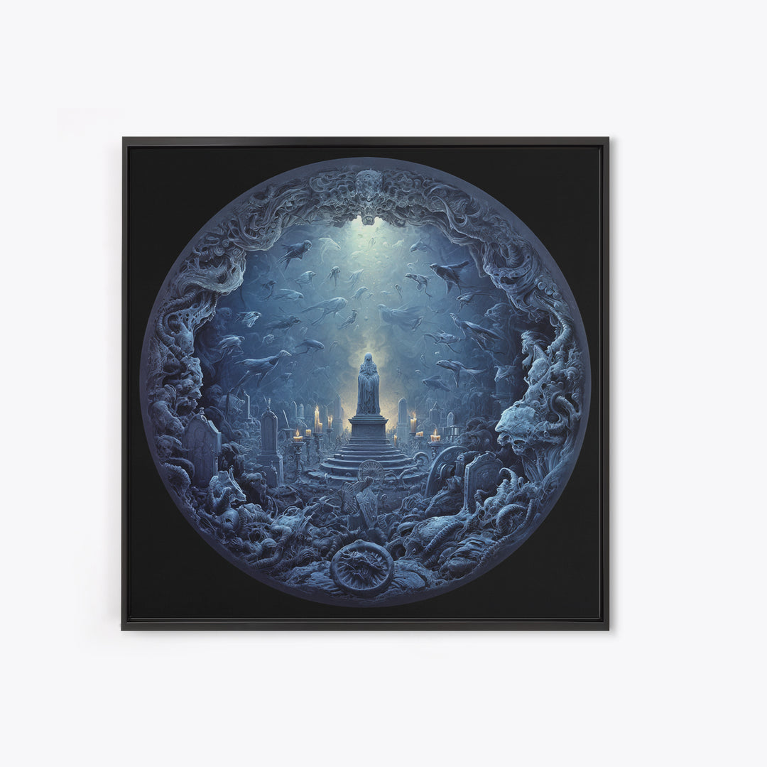 The Underwater Graveyard, Biomechanical Horror Art, Square Wall Art, Dark Fantasy Wall Art, Framed Canvas Print, Halloween Wall Art