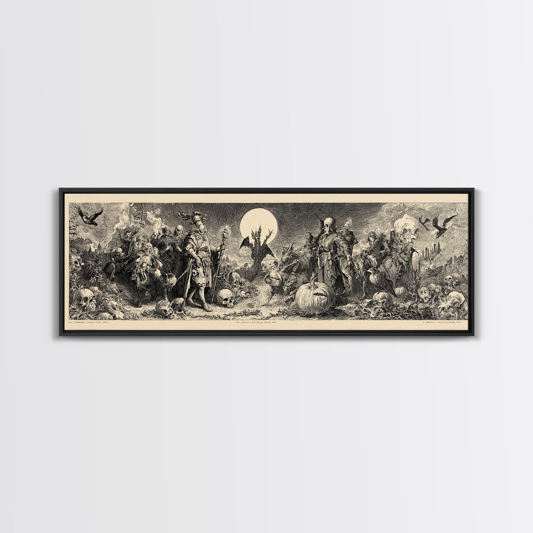 Desert Halloween, Renaissance Engraving Art, Extra Wide Wall Art, Macabre Wall Art, Framed Canvas Print, Halloween Wall Art