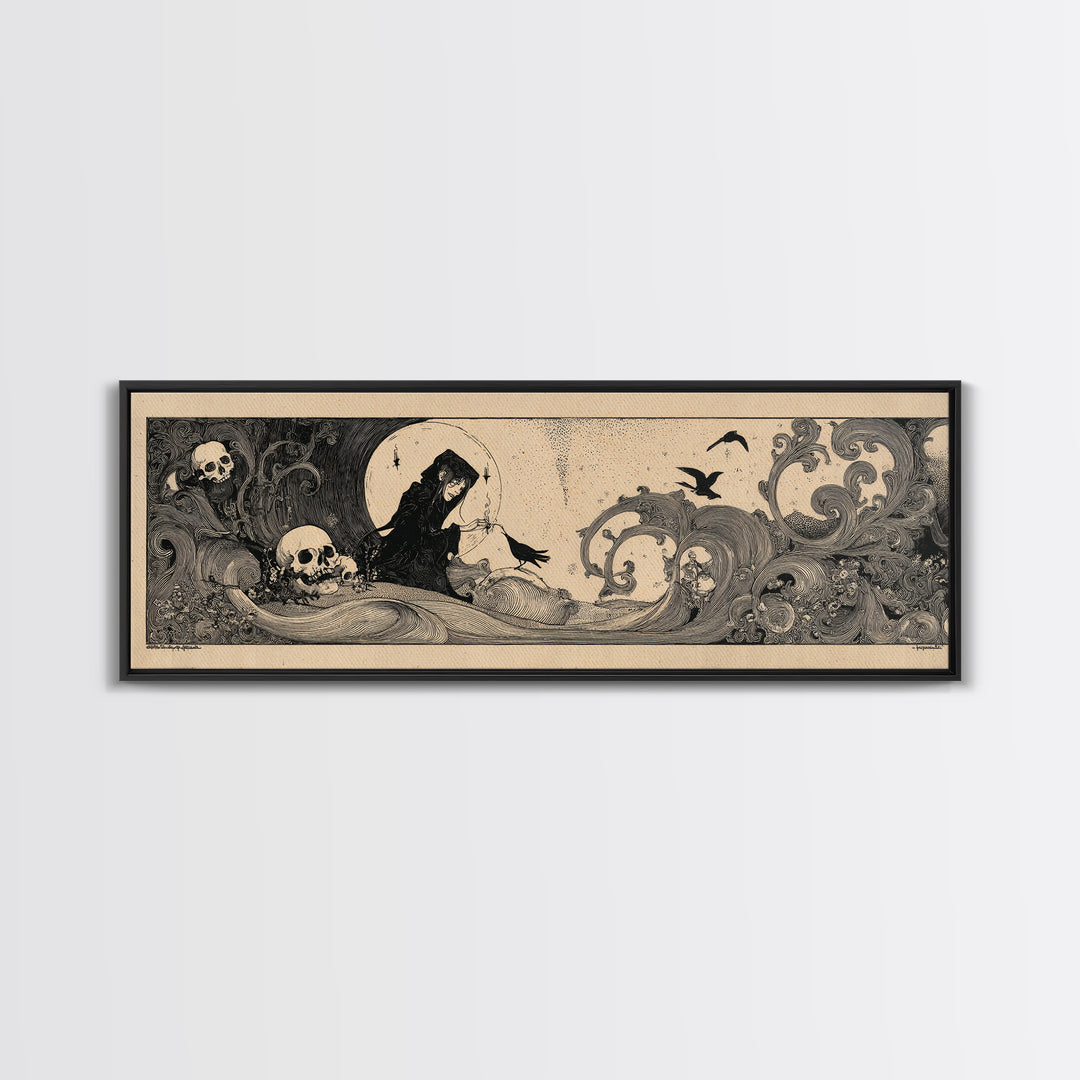 Desert Halloween, Decadent Line Art, Extra Wide Wall Art, Macabre Wall Art, Framed Canvas Print, Halloween Wall Art