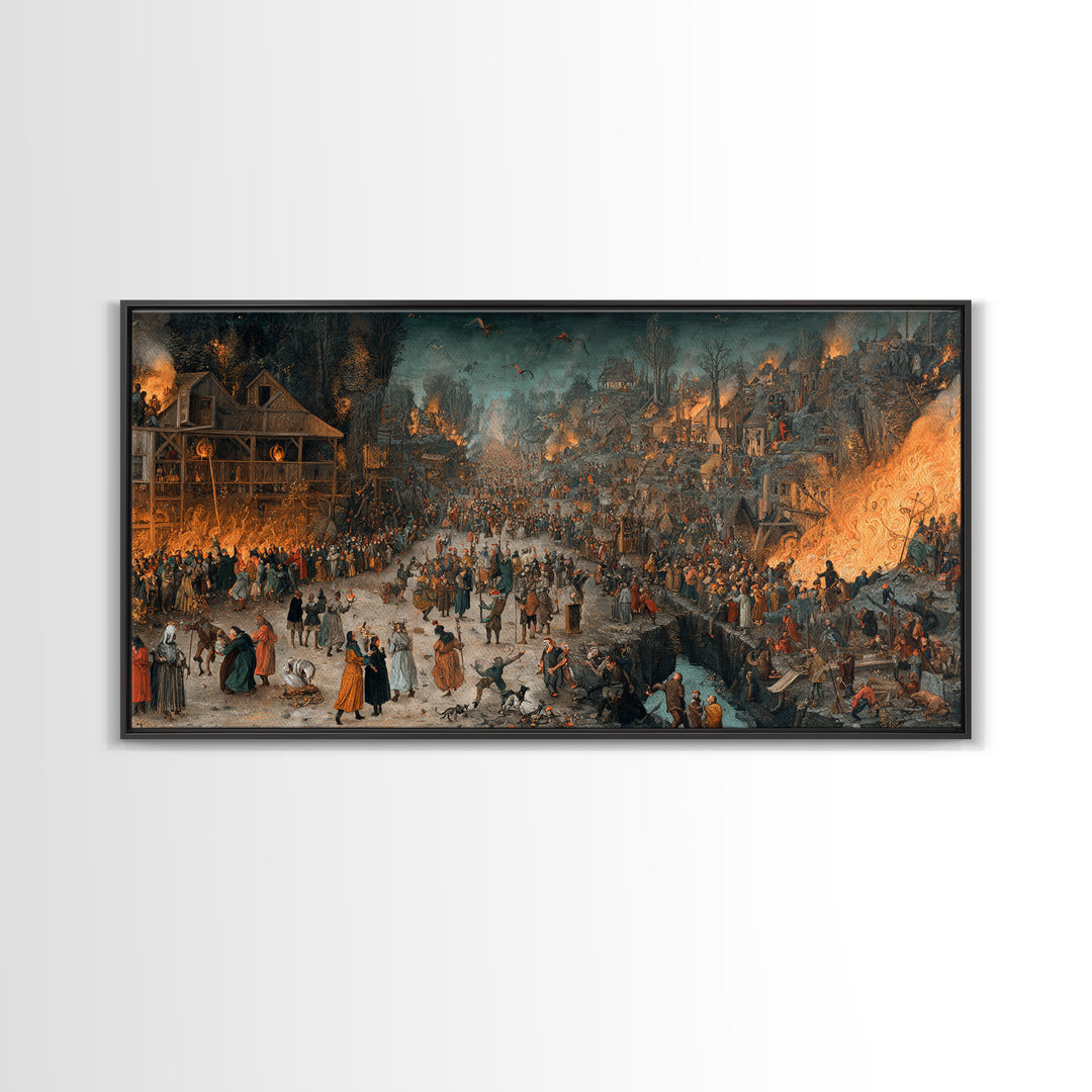 The Volcanic Demon Festival, Northern Renaissance Horror, Wide Panoramic Art, Gothic Horror Wall Art, Framed Canvas Print
