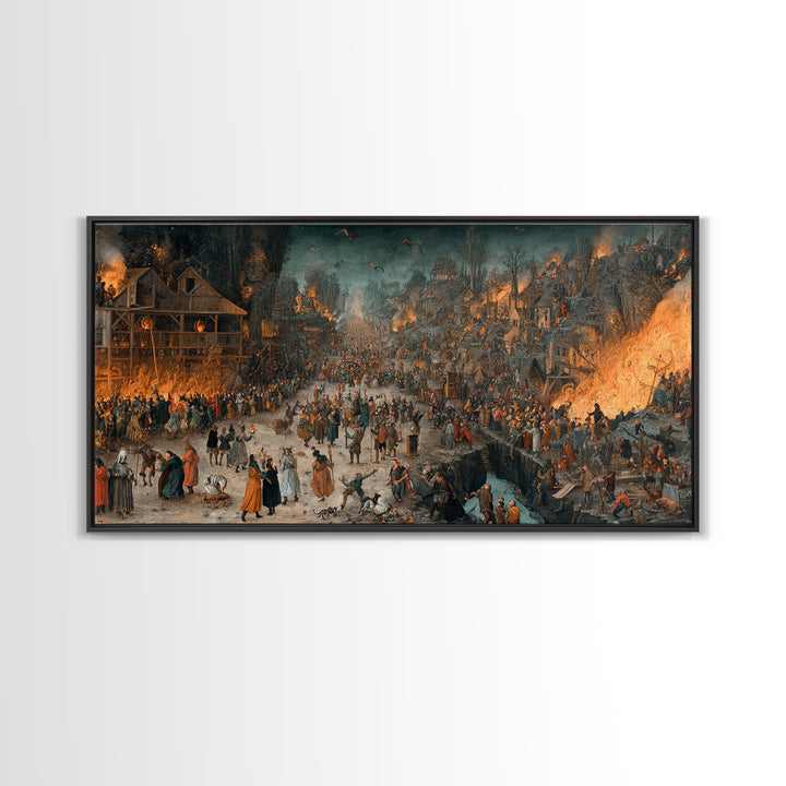 The Volcanic Demon Festival, Northern Renaissance Horror, Wide Panoramic Art, Gothic Horror Wall Art, Framed Canvas Print