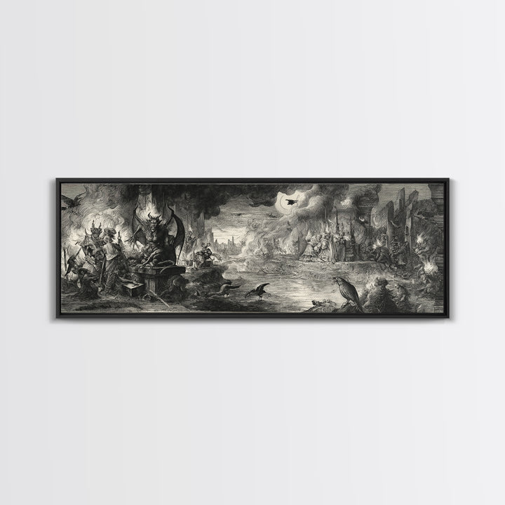 The Volcanic Demon Festival, Renaissance Engraving Art, Extra Wide Wall Art, Dark Halloween Decor, Canvas Print, Halloween Wall Art