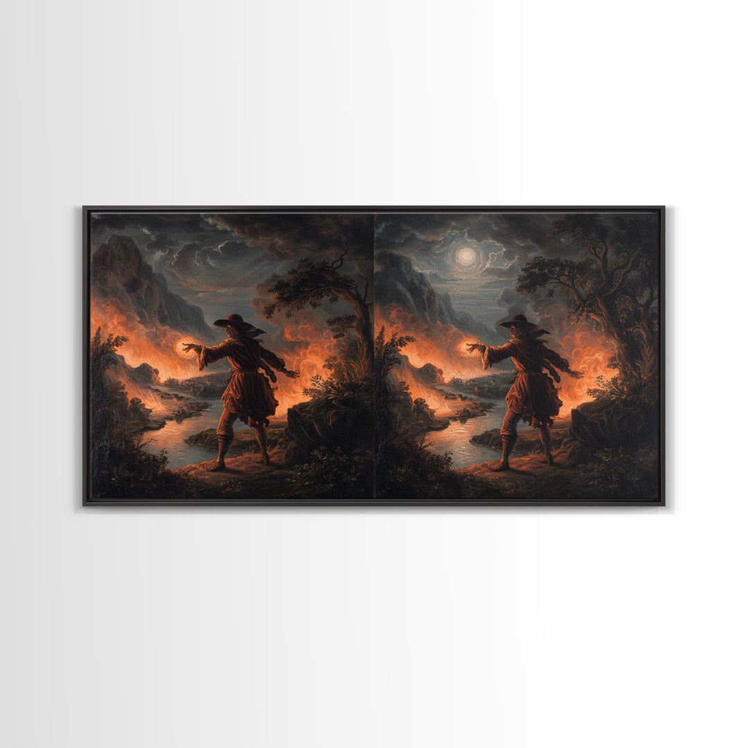 The Volcanic Demon Festival, Baroque Witchcraft Art, Wide Panoramic Art, Gothic Horror Wall Art, Framed Canvas Print, Halloween Wall Art