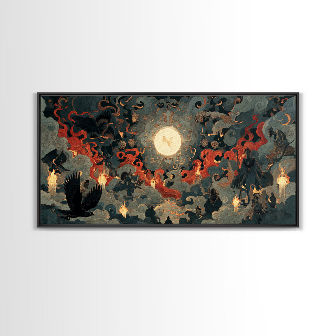 The Volcanic Demon Festival, Visionary Gothic Art, Wide Panoramic Art, Macabre Wall Art, Framed Canvas Print, Halloween Wall Art