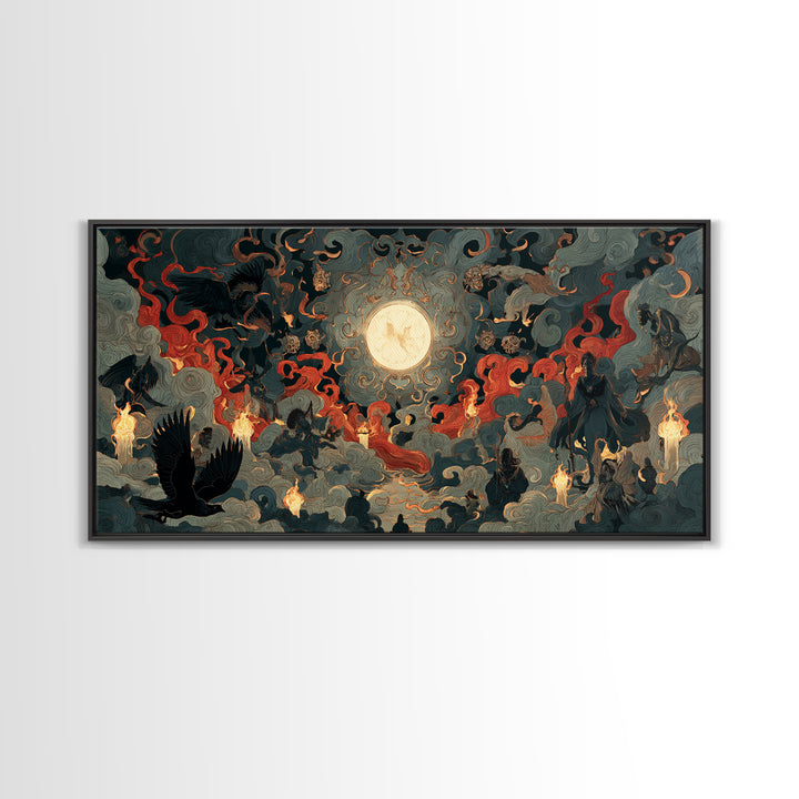 The Volcanic Demon Festival, Visionary Gothic Art, Wide Panoramic Art, Macabre Wall Art, Framed Canvas Print, Halloween Wall Art