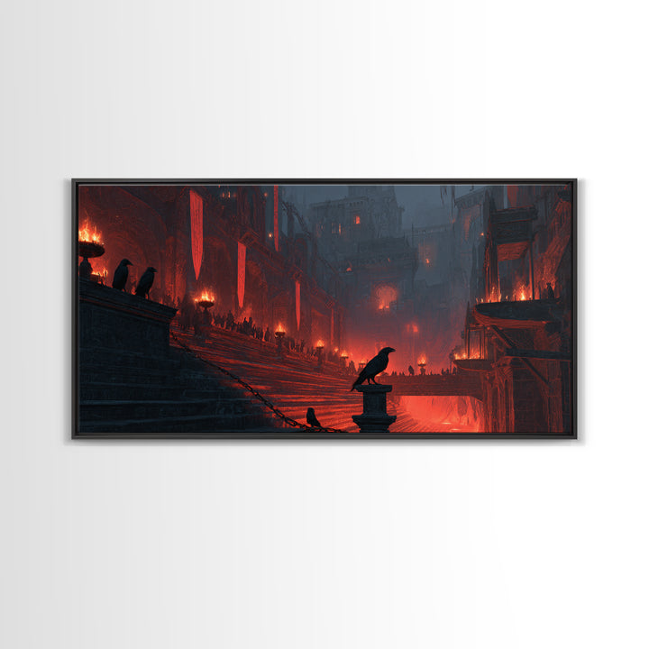 The Volcanic Demon Festival, Architectural Etching Art, Wide Panoramic Art, Gothic Horror Wall Art, Canvas Print