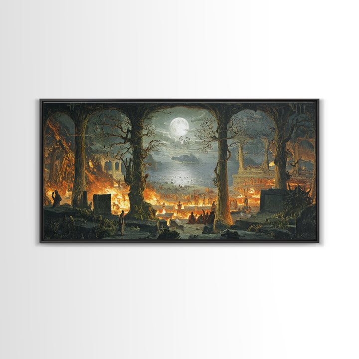 The Volcanic Demon Festival, Romantic Gothic Landscape, Wide Panoramic Art, Dark Halloween Decor, Canvas Print, Halloween Wall Art