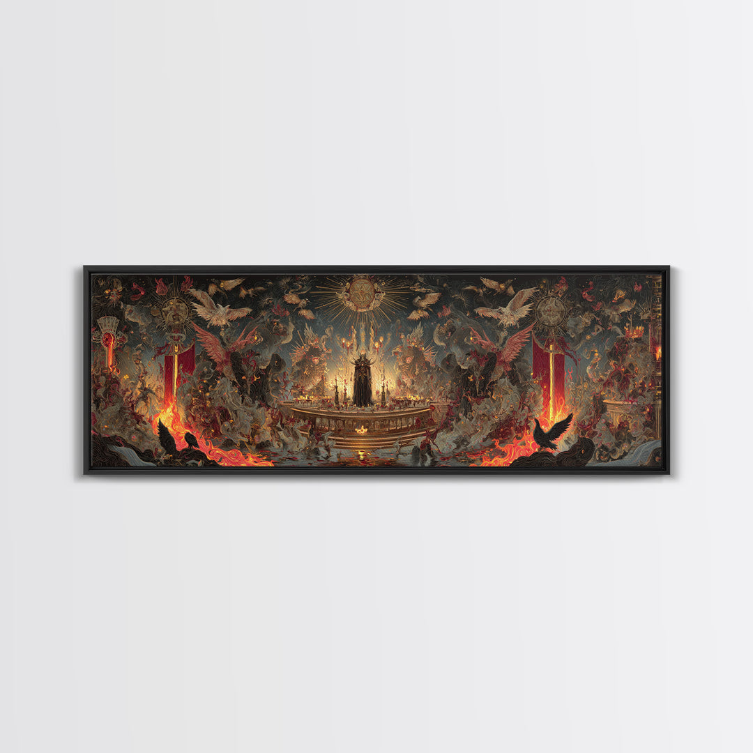 The Volcanic Demon Festival, Ornate Symbolist Art, Extra Wide Wall Art, Dark Halloween Decor, Canvas Print, Halloween Wall Art