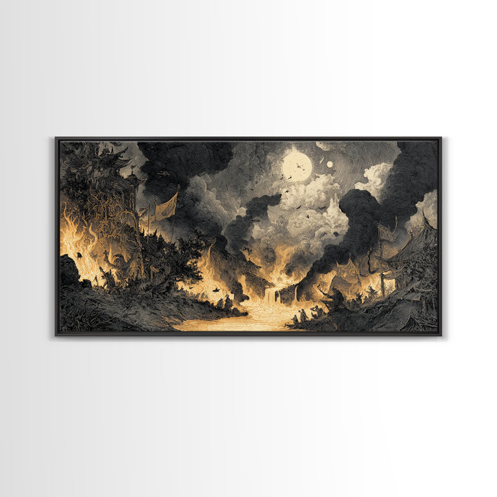The Volcanic Demon Festival, Expressionist Nightmare Art, Wide Panoramic Art, Dark Halloween Decor, Canvas Print, Halloween Wall Art