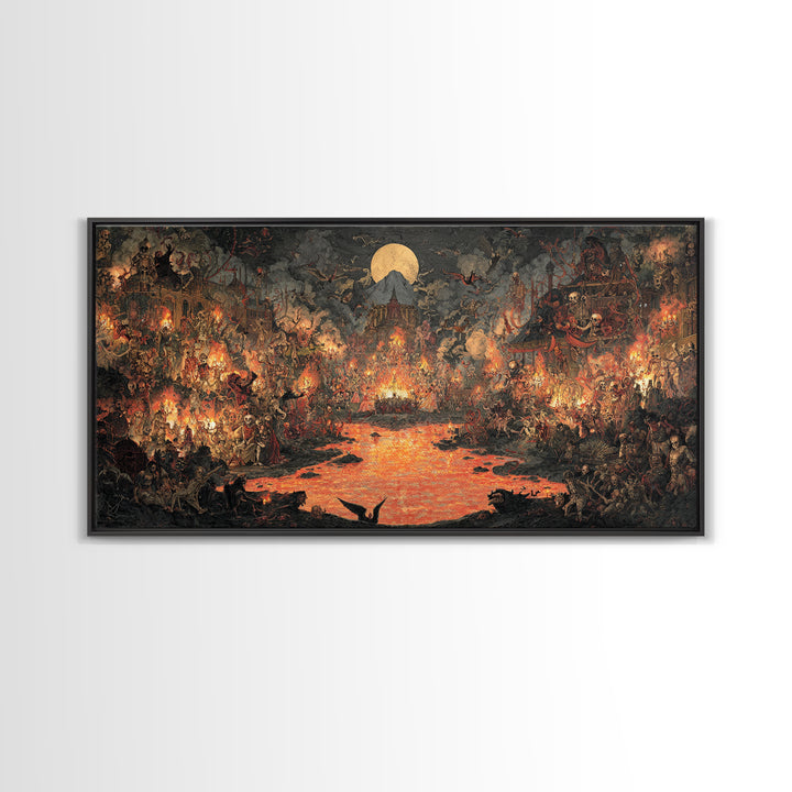 The Volcanic Demon Festival, Grotesque Carnival Art, Wide Panoramic Art, Dark Fantasy Wall Art, Framed Canvas Print, Halloween Wall Art