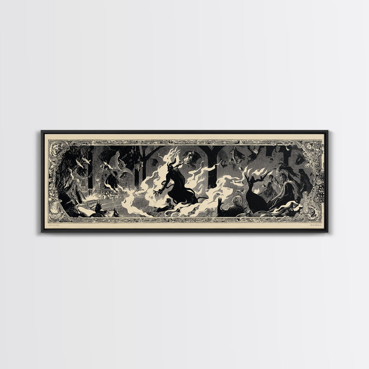 The Volcanic Demon Festival, Decadent Line Art, Extra Wide Wall Art, Dark Halloween Decor, Framed Canvas Print