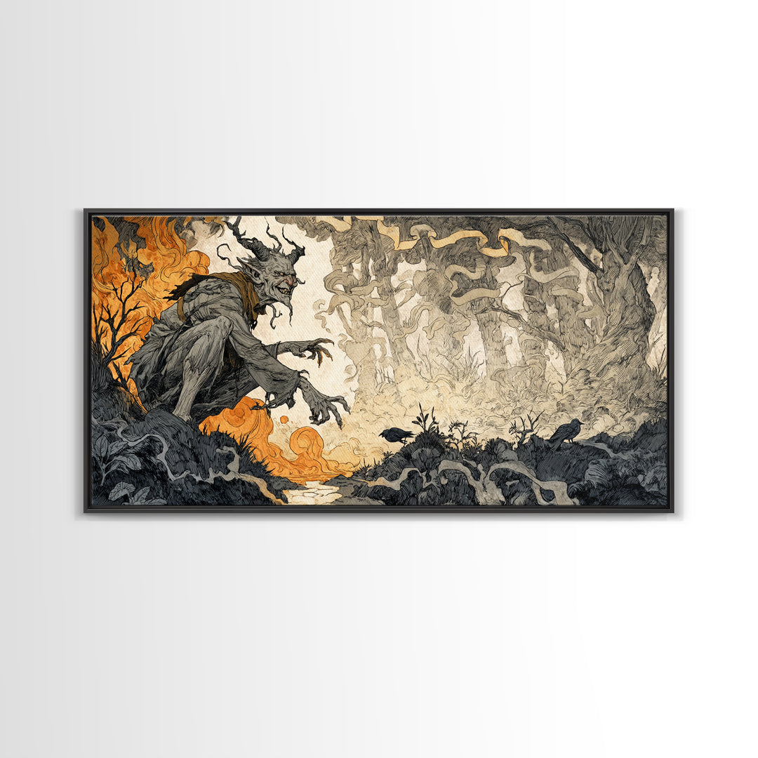 The Volcanic Demon Festival, Gothic Storybook Art, Wide Panoramic Art, Macabre Wall Art, Canvas Print, Halloween Wall Art