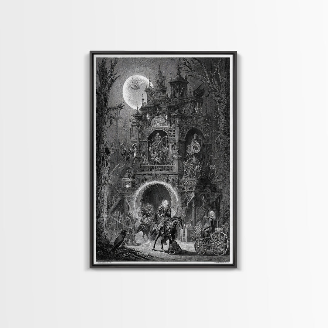 The Clockwork Haunted House, Renaissance Engraving Art, Vertical Wall Art, Macabre Wall Art, Framed Canvas Print, Halloween Wall Art
