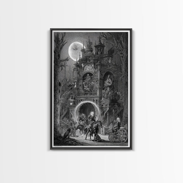 The Clockwork Haunted House, Renaissance Engraving Art, Vertical Wall Art, Macabre Wall Art, Framed Canvas Print, Halloween Wall Art