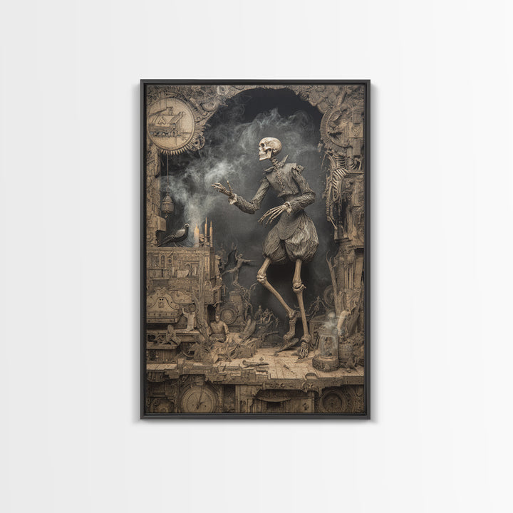 The Clockwork Haunted House, Danse Macabre Art, Vertical Wall Art, Dark Fantasy Wall Art, Framed Canvas Print