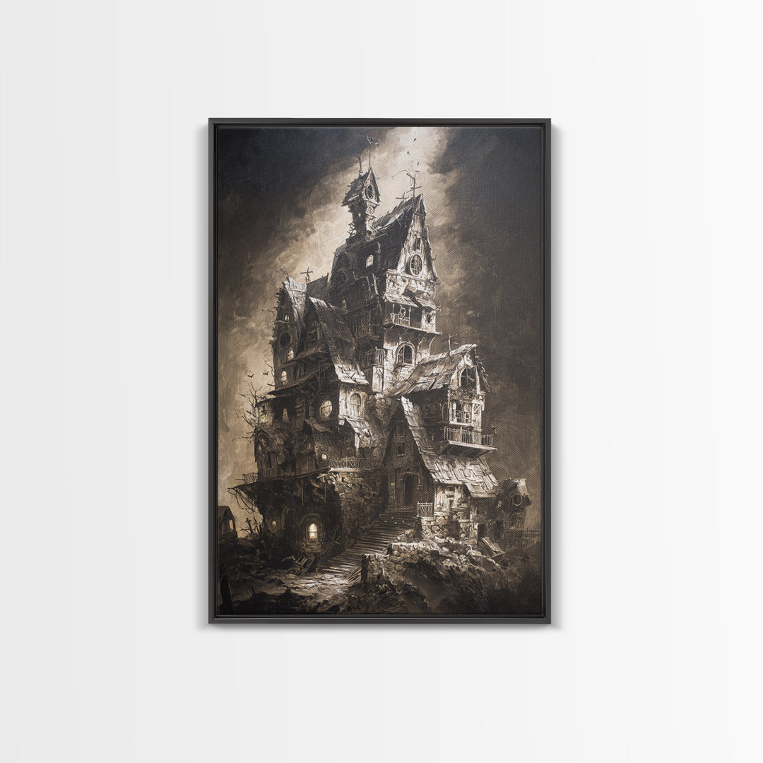 The Clockwork Haunted House, Dark Romantic Horror Art, Vertical Wall Art, Dark Fantasy Wall Art, Canvas Print, Halloween Wall Art