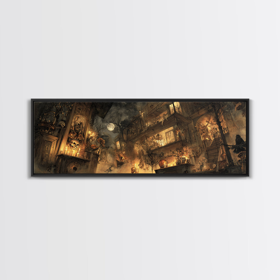 The Clockwork Haunted House, Visionary Gothic Art, Extra Wide Wall Art, Gothic Horror Wall Art, Canvas Print, Halloween Wall Art