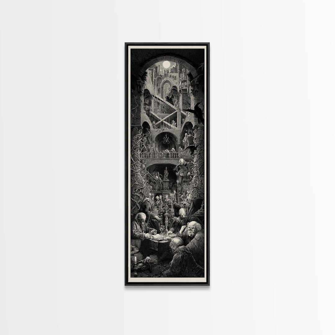 The Clockwork Haunted House, Architectural Etching Art, Tall Narrow Wall Art, Dark Halloween Decor, Canvas Print
