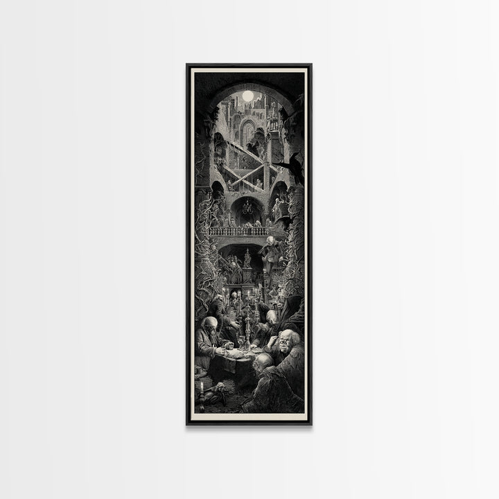 The Clockwork Haunted House, Architectural Etching Art, Tall Narrow Wall Art, Dark Halloween Decor, Canvas Print