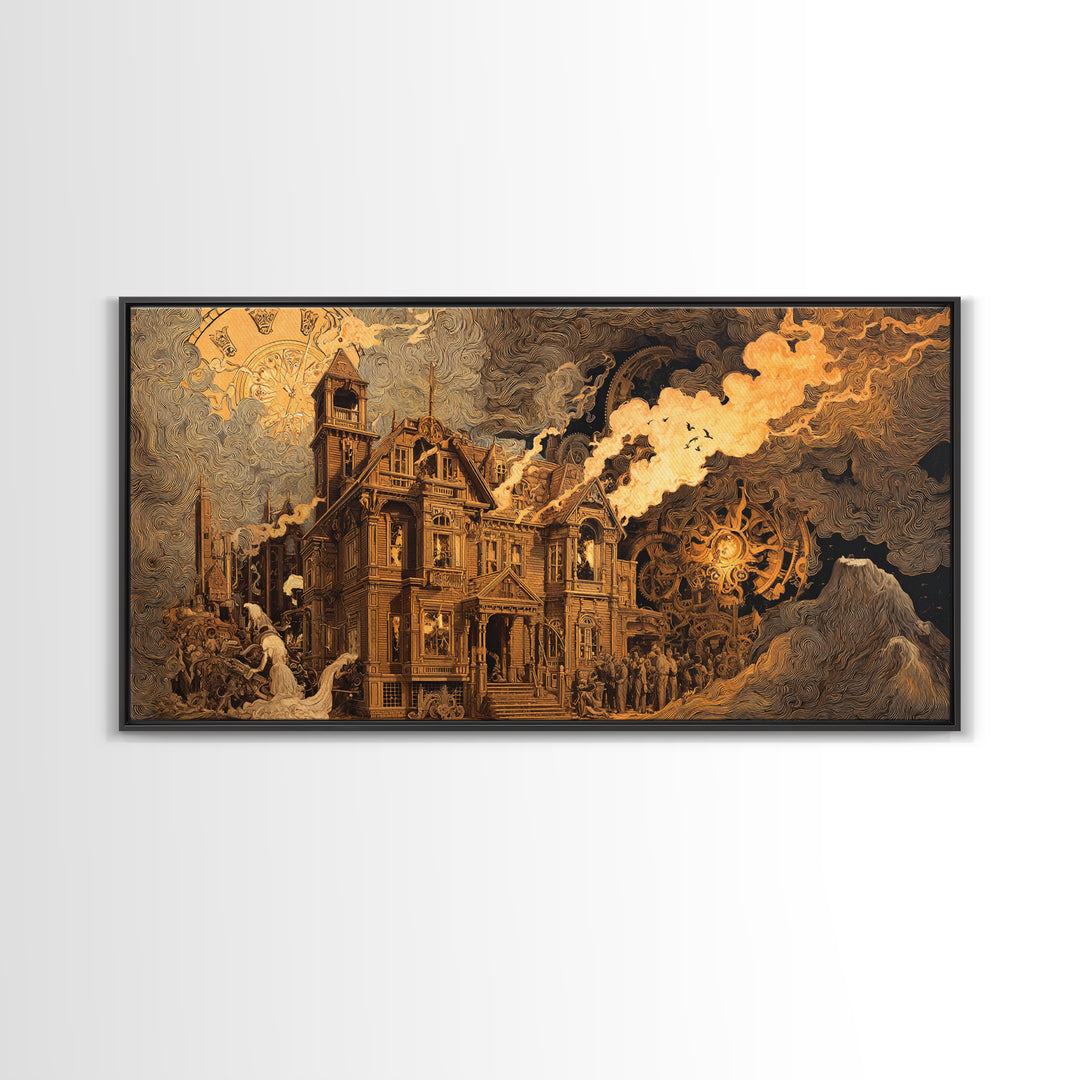 The Clockwork Haunted House, Apocalyptic Romantic Art, Wide Panoramic Art, Gothic Horror Wall Art, Canvas Print, Halloween Wall Art