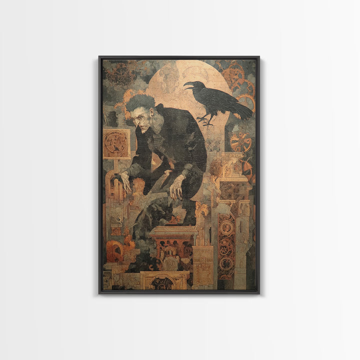 The Clockwork Haunted House, Symbolist Etching Art, Vertical Wall Art, Dark Halloween Decor, Canvas Print, Halloween Wall Art