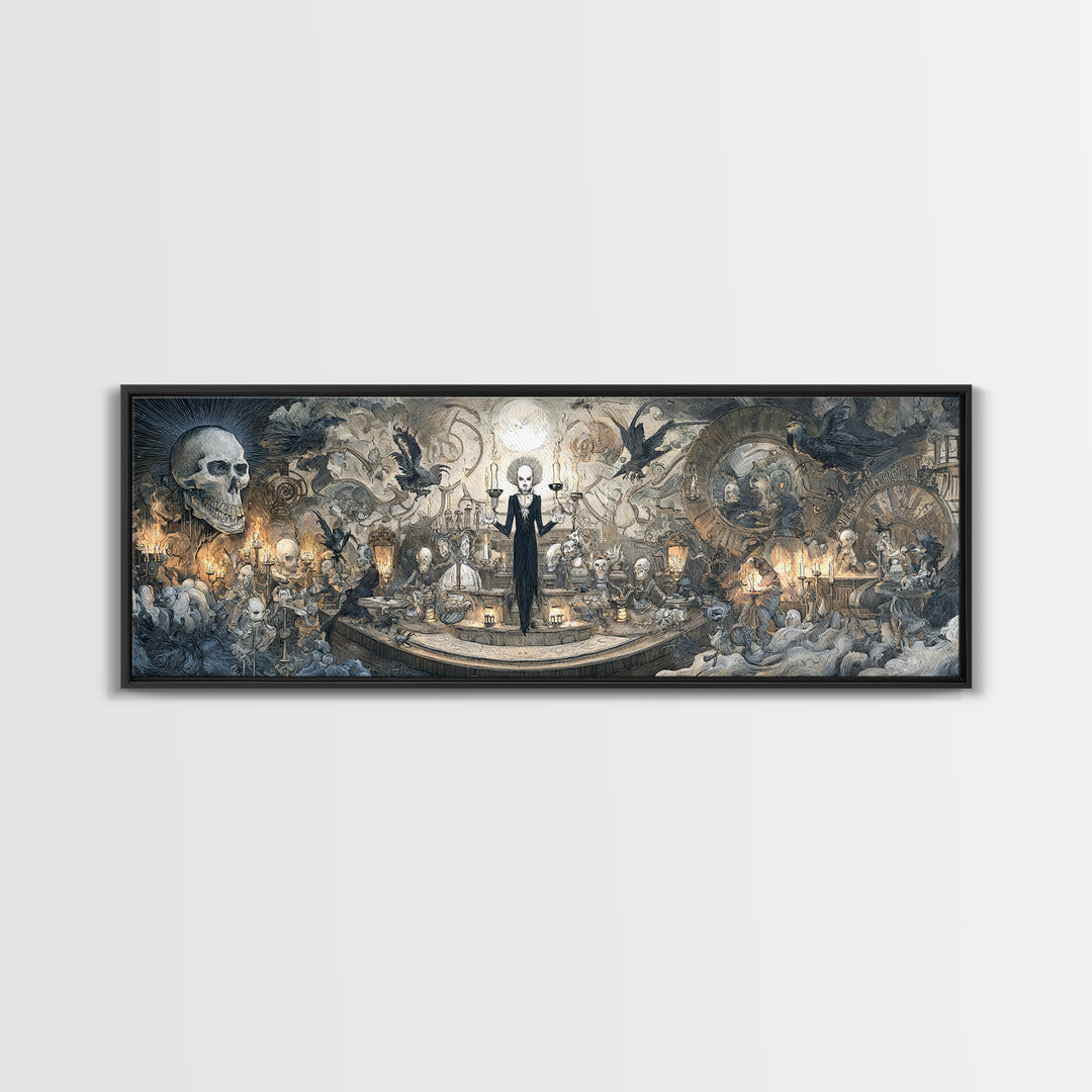 The Clockwork Haunted House, Expressionist Nightmare Art, Extra Wide Wall Art, Dark Halloween Decor, Framed Canvas Print, Halloween Wall Art