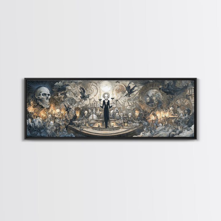 The Clockwork Haunted House, Expressionist Nightmare Art, Extra Wide Wall Art, Dark Halloween Decor, Framed Canvas Print, Halloween Wall Art