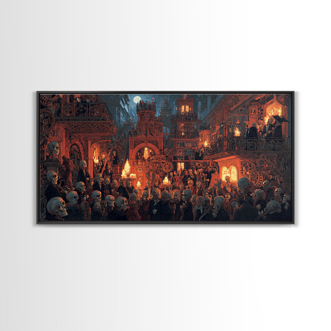 The Clockwork Haunted House, Grotesque Carnival Art, Wide Panoramic Art, Gothic Horror Wall Art, Canvas Print, Halloween Wall Art