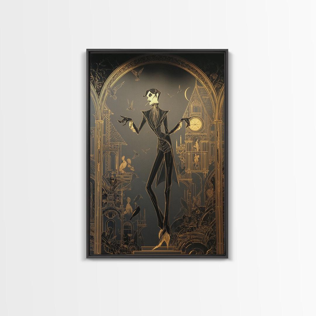 The Clockwork Haunted House, Decadent Line Art, Vertical Wall Art, Gothic Horror Wall Art, Framed Canvas Print