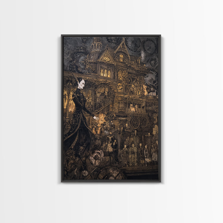 The Clockwork Haunted House, Stained Glass Gothic Art, Vertical Wall Art, Dark Fantasy Wall Art, Canvas Print, Halloween Wall Art